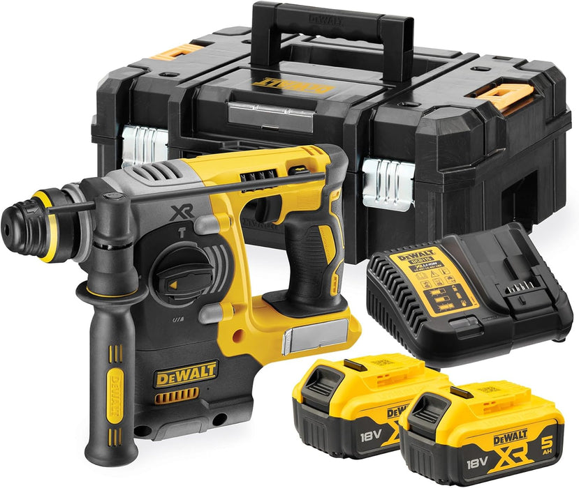 DEWALT 18V XR Trapano a Percussione Brushless 24mm SDS-Plus con 2 batterie da 5Ah, Caricabatterie Multi-Voltaggio XR e Kitbox TSTAK Heavy Duty, DCH273P2T-QW