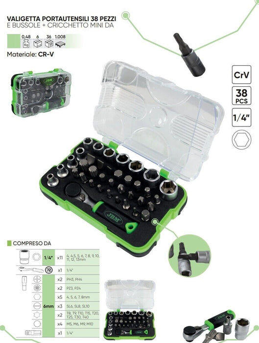 KIT SET 38 pezzi con inserti e bussole e chiave a cricchetto 1/4" MINI