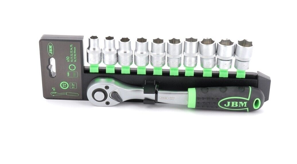 Set 10 bussole Esagonali da 10 a 19 mm con chiave cricchetto reversibile da 1/2