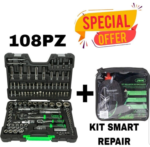 VALIGIA SET CHIAVI A BUSSOLA 108 PEZZI VANADIUM CROME CRICCHETTO + KIT REPAIR