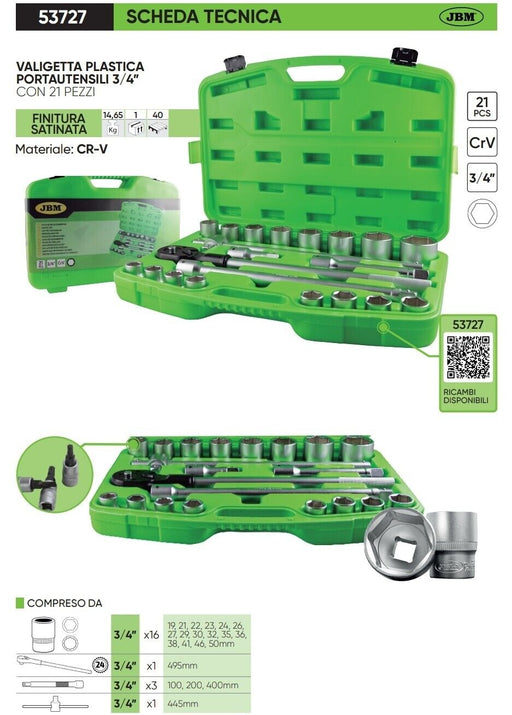 SET VALIGETTA CHIAVI A BUSSOLA CRICCHETTO 3/4" ESAGONALI 21 PZ  